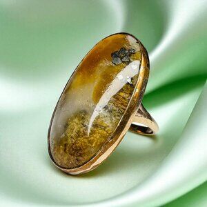 ANTIQUE- Victorian - LARGE Natural Dendritic Agate Ring - 10K Gold -Size 6 -6.1g